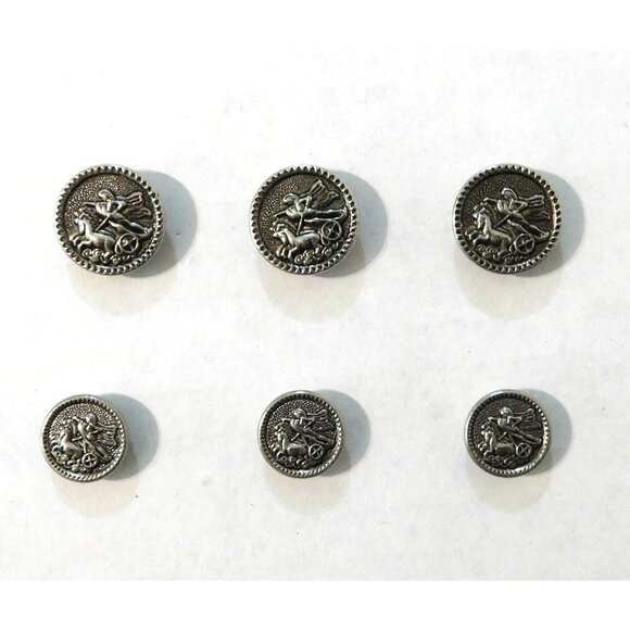 Vintage Silver Horse Chariot Rider Button Set Of 6 Round Metal Shank - Picture 1 of 6